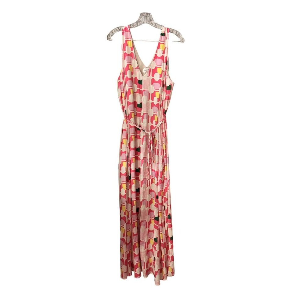 Soma Weekend Pink Geometric Maxi Dress V-Neck Tie Waist XL built in bra pockets